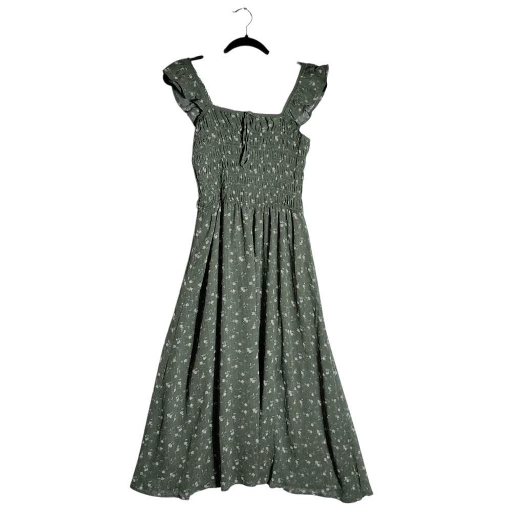 And Now This Olive Green Floral Smocked Midi Dress Ruffle Sleeve Small
